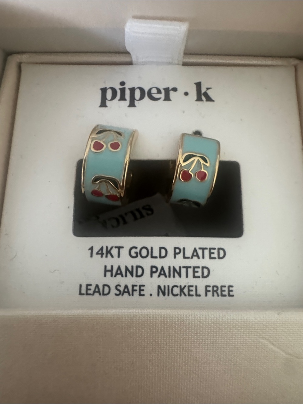 Piper Gold-Plated Aqua Enamel Hoop Earrings with Red Cherry Detail